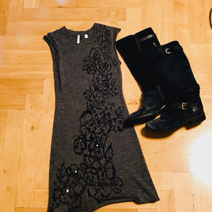 IISLI 100% Wool Floral-Sequined Sweater Dress